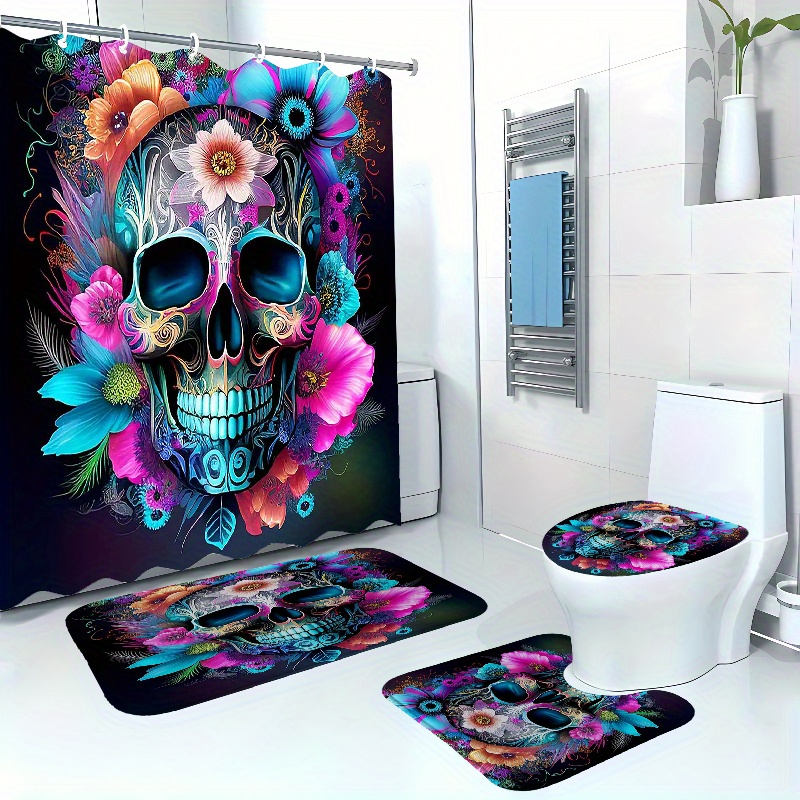 

Festive Bath Set: Vibrant Floral Shower Curtain, Non-slip Bath Mat, U-shaped Toilet Seat Cover, And Toilet Cover With 12 Hooks - Perfect For A Spooky Bathroom Decor