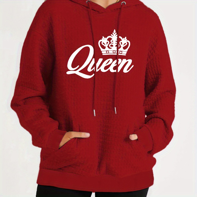 

Plus Size Casual Queen Graphic Hooded Sweatshirt - Knit Polyester Fabric, Slight Stretch, Pullover Style For Fall/winter