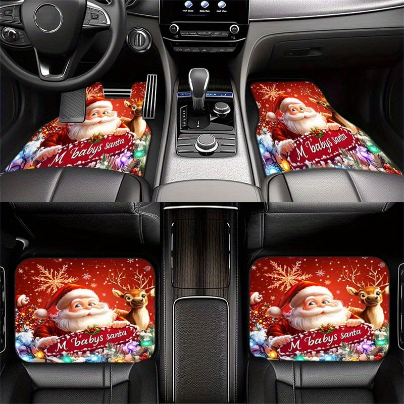 TEMU 1pc, 2pcs, 4pcs. Cartoon Santa Claus And Reindeer Printed Car Mats - Seasonal Car Interior Decoration, Non-slip, Durable, Easy To Clean -