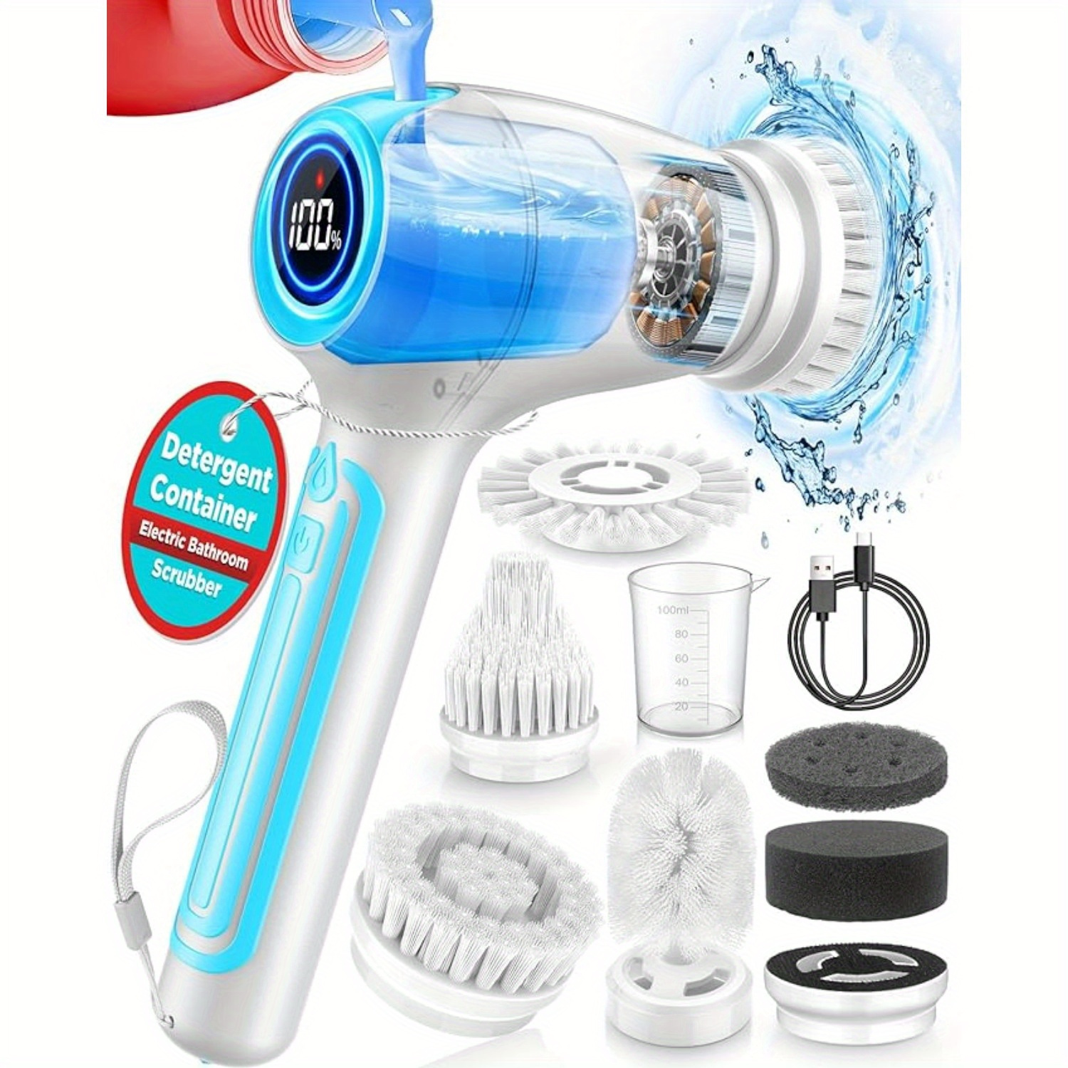 

The Rechargeable Cordless Scrubber Is For Efficiency, Featuring A Long- 3200mah Battery, An Lcd Screen For , A Detergent Vessel, And Replaceable Brush Heads To Tackle Any Cleaning Challenge