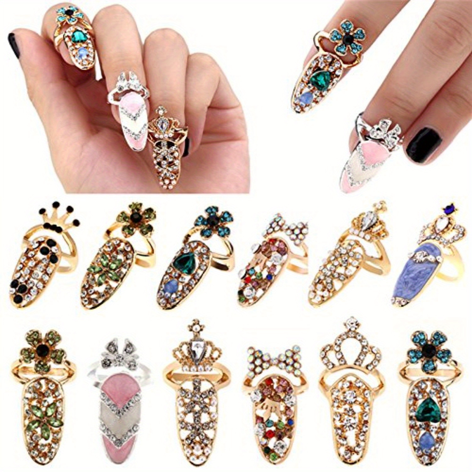 

12 Pcs Luxury Ring Fashion Women Bowknot Knuckle Decoration Tip Nail Art Charm Crown Flower Crystal Finger Nail Rings