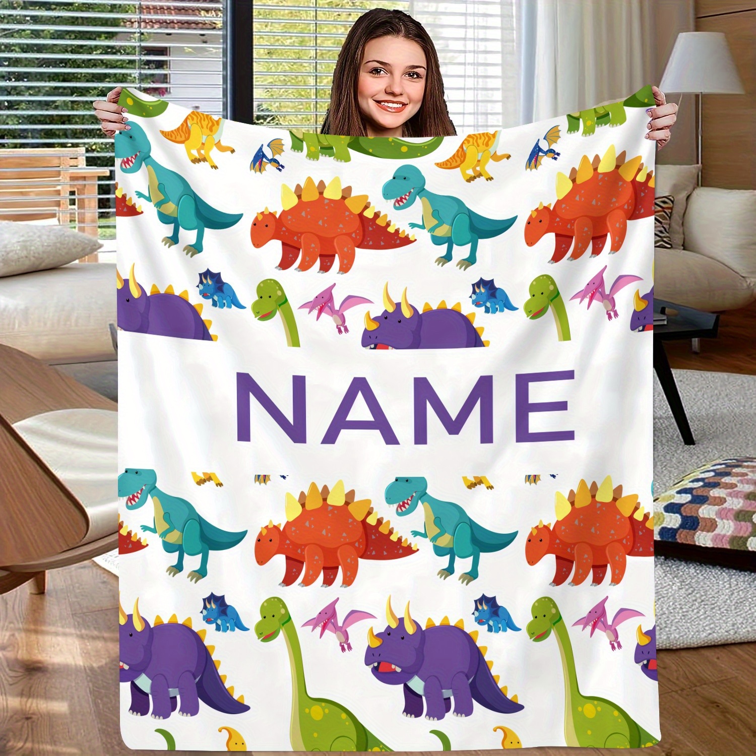 

Customizable Dinosaur Themed Personalized Throw Blanket For Kids - Soft Flannel Fleece, All-season Quilt, Vintage Style - Digital Print, Fun Gift With Name Customization For Boys And Girls