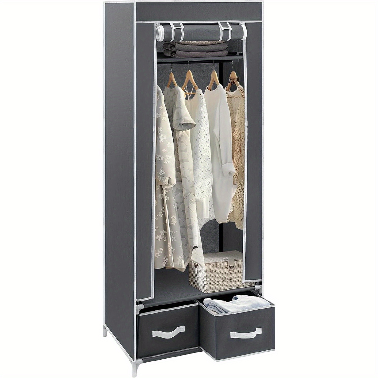 TEMU Portable Wardrobe 160 X 60 X 43cm Single Canvas Wardrobe Clothes Storage Organizer With 2 Drawers And Hanging Rail For Living Room, Bedroom,
