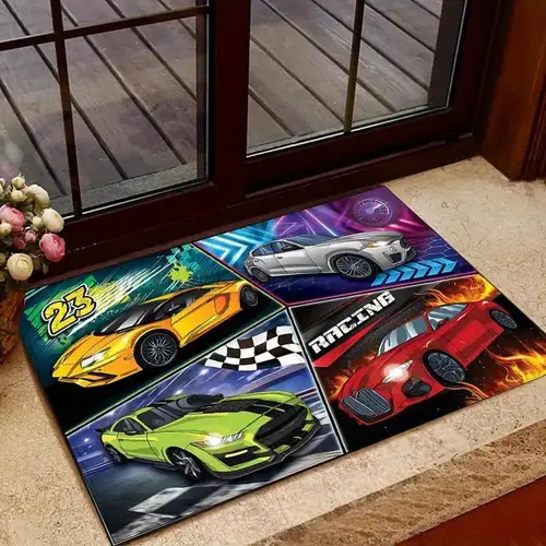 cartoon racing car pattern welcome doormat durable polyester fiber entrance mat non slip and washable rug ideal for bathroom kitchen bedroom entryway decor hand wash only