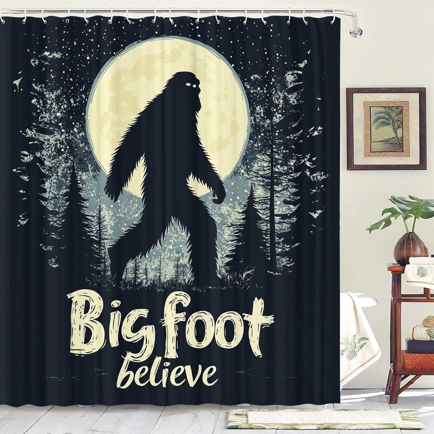 

Bigfoot Themed Shower Curtain, Waterproof With 12 Hooks, Artistic Graphic Design, Machine Washable, Non-woven Fabric, For Home, Kitchen, Hotel, Bathroom Decor