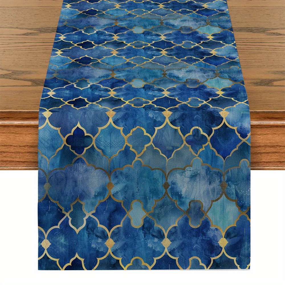 

Moroccan Blue & Watercolor Table Runner - Polyester, Rectangular Kitchen & Dining Decor For Home And Parties, Tablecloth, Room Decor