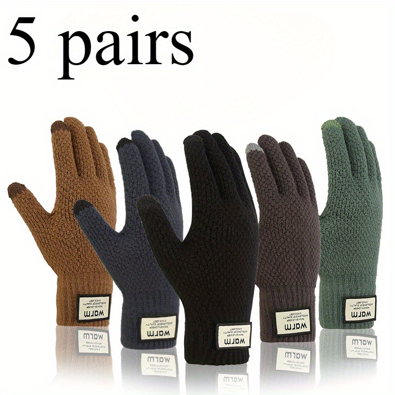 

5 Pairs Knitted Acrylic Gloves For Men - Touch Screen Compatible, , Thickened Velvet Lining For , Winter Cycling Gloves