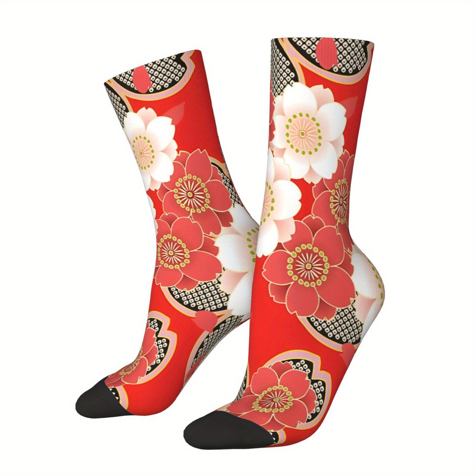 

1 Pair Polyester-spandex Woven Socks - Japanese Kimono Floral Pattern - Comfortable Crew Socks For Men - Casual Hip Hop Style - Ideal For Or Hand Wash