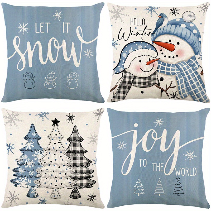 

4pcs/ Set Blue Christmas Warm Winter Blessings Blue Decorative Pillow Covers, Snowman Tree Christmas Merry Outdoor Indoor Home Decoration, Holiday Sofa Cushion Covers