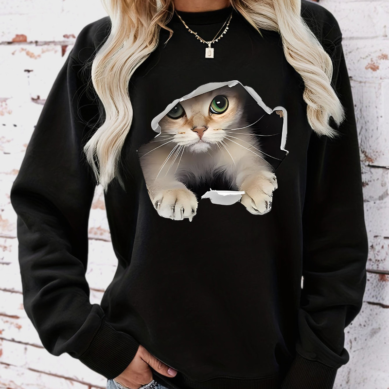 

Sweat-shirt de sport décontracté et tendance pour femmes, adapté à et à l'hiver, confortable et , motif de chat amusant.