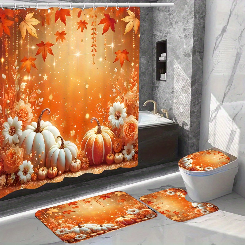 

1pc/4pcs Fall Thanksgiving Day Home Decor Waterproof Shower Curtain Sets With 12 Hooks Toilet Seat Cover Bathroom Mat Non-slip Rug Carpet Polyester Fabric Washable Curtain Bathroom Accessories (open)