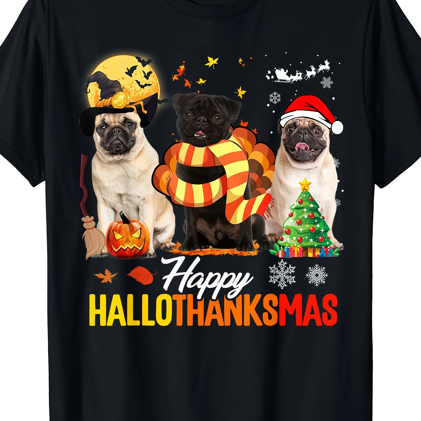 

Cute Pug Dog, Happy , Thanksgiving, Christmas, T-shirt Black Short Sleeve T-shirt, Novelty