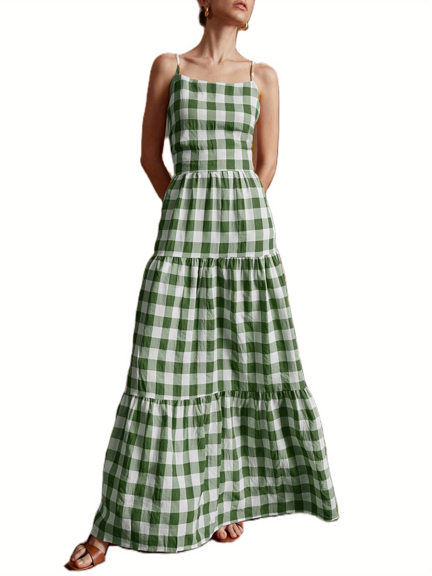 green plaid cami dress Green Plaid Lace Detail Smocked Maxi Dress Medium main image 1