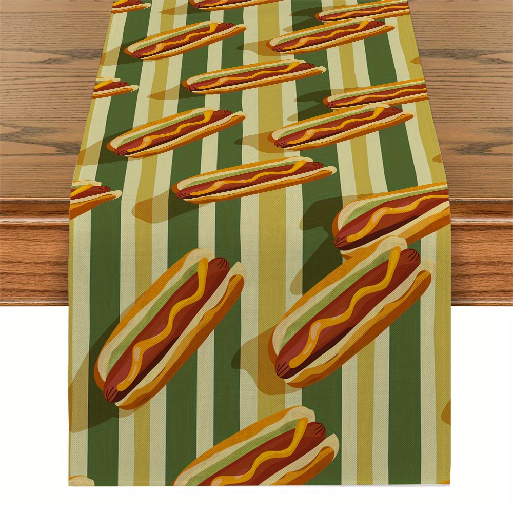 

Rectangle Polyester Table Runner - 1pc, Woven Hot Dog And Stripes Design For Kitchen Dining Table Decor, Party Tabletop Accessory, Home Room Decoration Table Flag, For Restaurant Decor Tablecloth