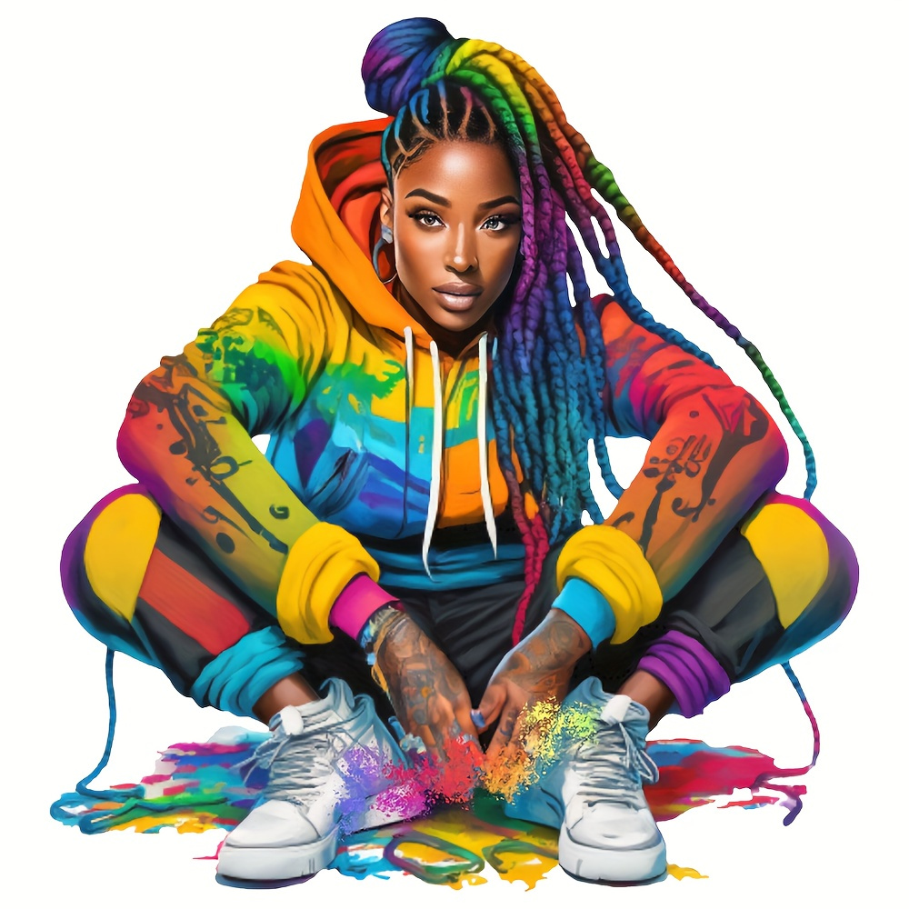 

1 pièce Patch thermocollant vibrant Dreadlocks Girl, polyester multicolore, autocollant thermocollant tendance pour T-shirts, sweats, sweats à capuche - Lavable et