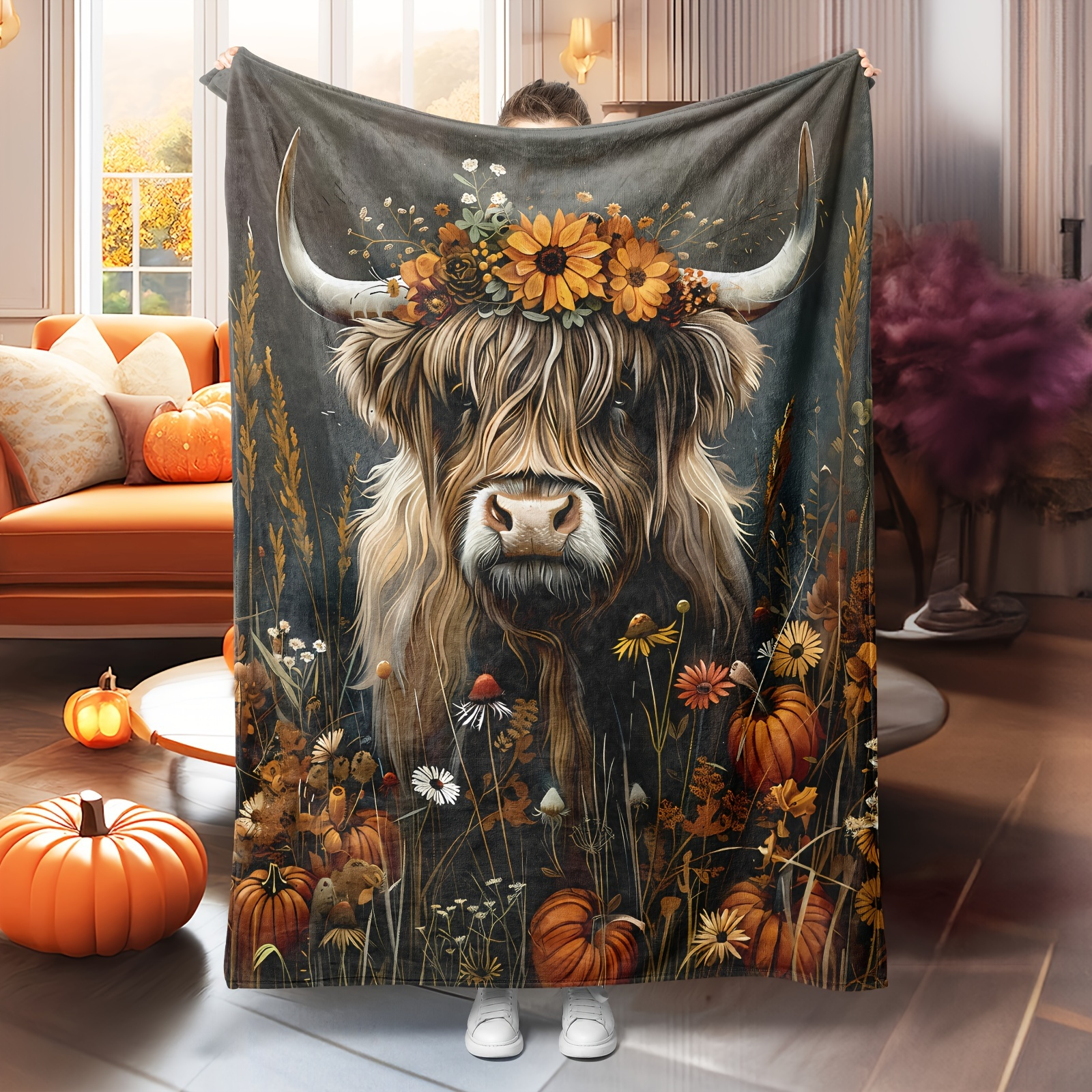 

Autumn Harvest Cow Flannel Throw Blanket Soft Farmhouse Thanksgiving Decor With Floral Pumpkin Design For Bedroom, Living Room, Sofa, No Feathers - Ideal Classmate And Friend Gift