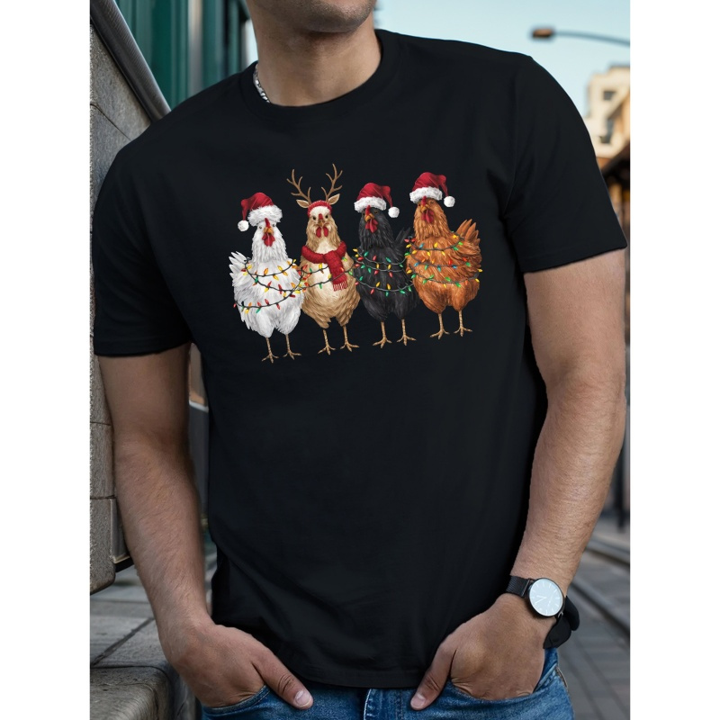 

Men's Casual Summer Tee - Chicken Print, Short Sleeve, Round Neck, Polyester T-shirt | Machine Washable | & Vacation