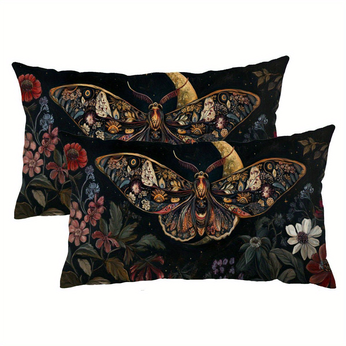 

Vintage Floral Moth Throw Pillow Covers, Set Of 2, Linen Decorative Cushion Cases With Zipper, 12x20 Inch, No Electricity Needed, Ideal For Decorations