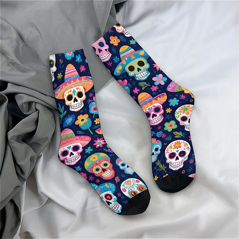 

1 Pair Day Of The Dead Themed Printed Crew Socks, Unisex Polyester Knit Fabric With Spandex, Fun Novelty For Couples, Birthday, Holiday Gifts - Hand Wash Recommended