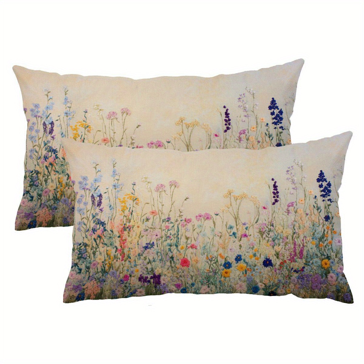 

2pcs Set Floral Linen Throw Pillow Covers, 12x20 Inch - Decor