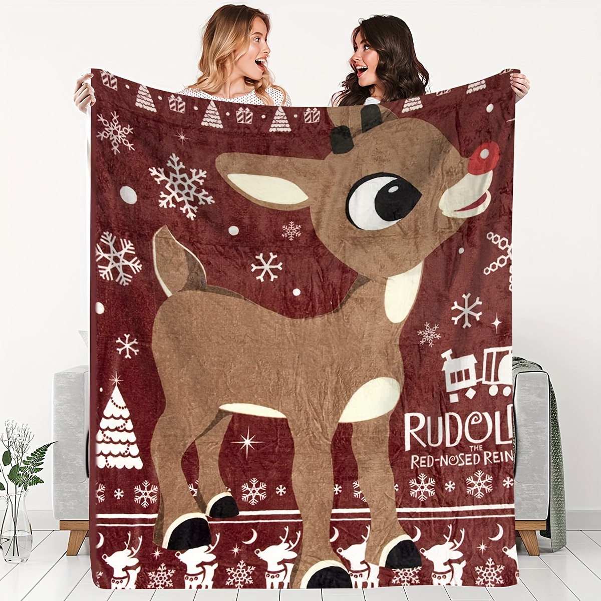 

3 Sizes Happy Christmas Flannel Throw Blanket With Digital Print, All Season Cozy Knitted Polyester Throw - Featuring Christmas Reindeer Pattern, Lightweight Decorative Blankets Gift