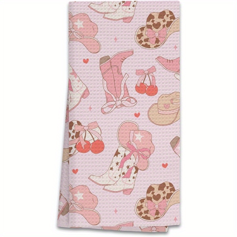 

Western Fantasy-themed Super Soft Polyester Blend Kitchen Towels, 1-piece Set, Contemporary Pink Preppy Design With Bows, Cherries, Boots, Hats - Machine Washable Woven Dish Cloths (18x26 Inches)