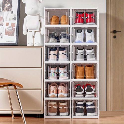 6 tiers space saving foldable shoe rack with transparent dust proof doors