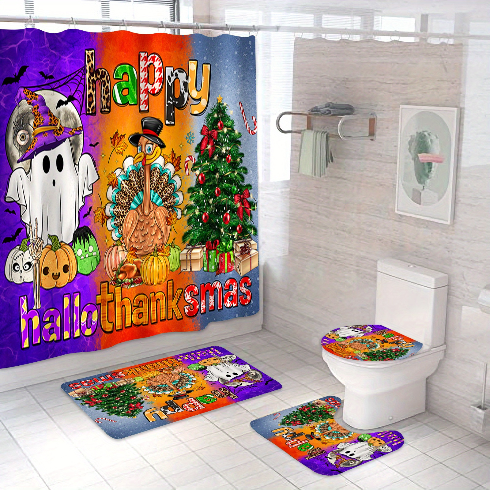 

1pc/4pcs Halloween Home Decor Waterproof Shower Curtain Sets With 12 Hooks Toilet Seat Cover Bathroom Mat Non-slip Rug Carpet Polyester Fabric Washable Curtain Bathroom Accessories