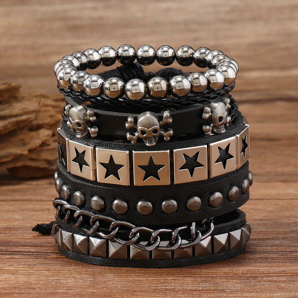 TEMU 4pcs Punk Skull Wide Pu Leather Bracelets Set, Handmade Multi-layers Studded Leather Bracelet, Skull Beaded Wristbands, Ideal Jewelry Gifts For Men Teen Boys