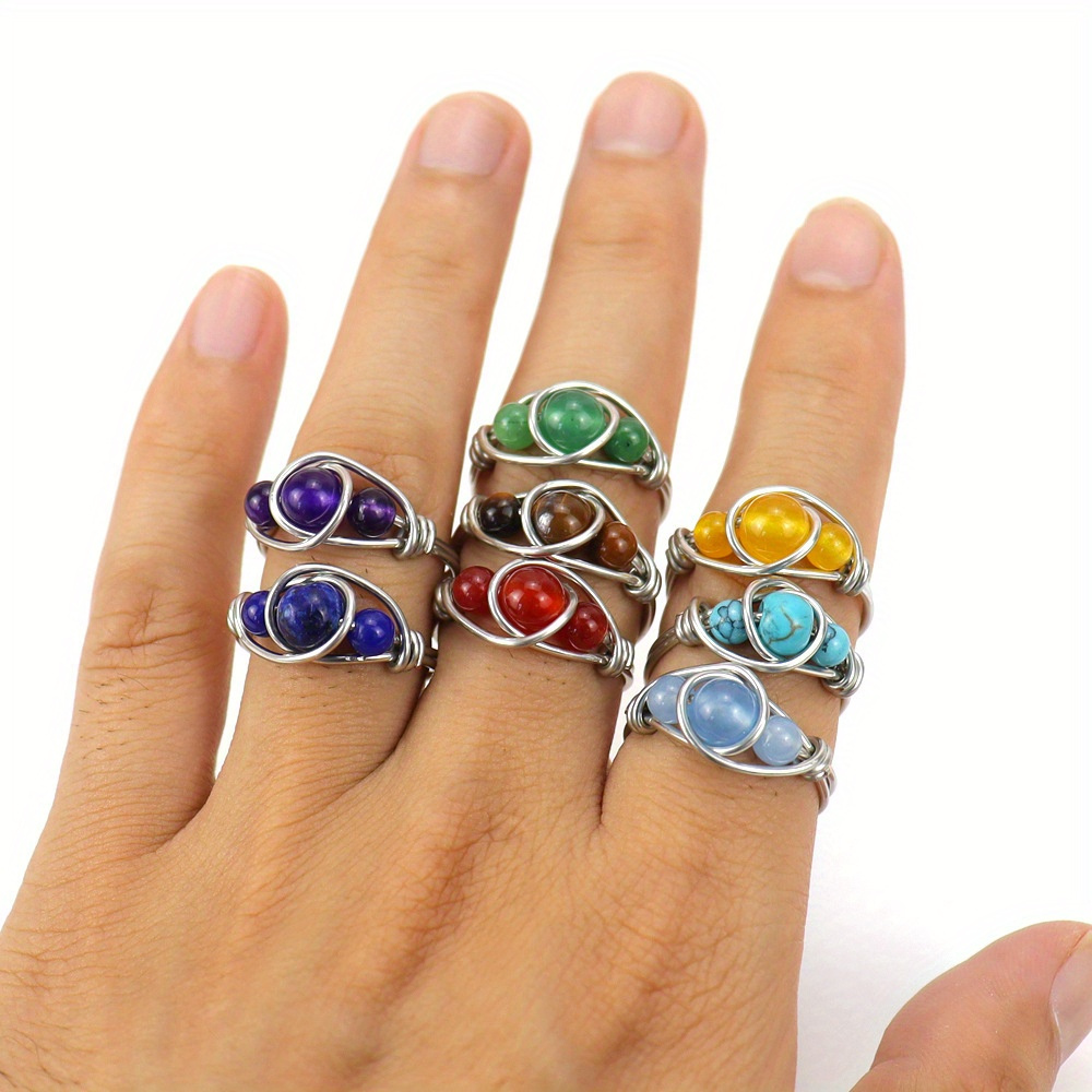 

8pcs Chakra Crystal Beaded Ring Set, Multi Colored Agate Beaded Copper Wire For Women, Adjustable Agate Bead Amethyst Crystal Ring, Gifts & Accessories