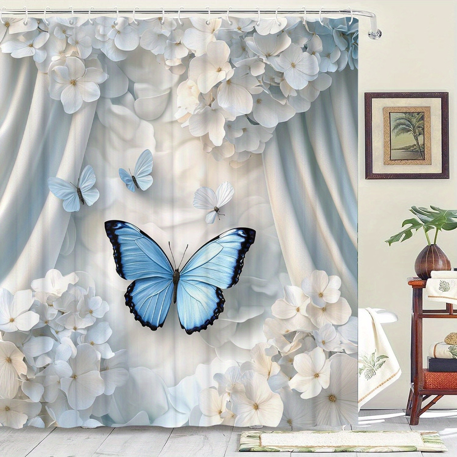 

Floral And Blue Butterfly Shower Curtain, Waterproof With 12 Hooks, Artistic Bathroom Decor For Home, Hotel, Machine Washable, Non-woven Fabric