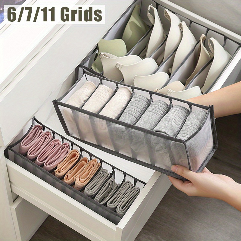 

3-pack Nylon Mesh Drawer Organizer Set, 6/7/11 Grids, Foldable Underwear/sock/bra Storage Boxes, Brushed , Insert Mount Closet Bins