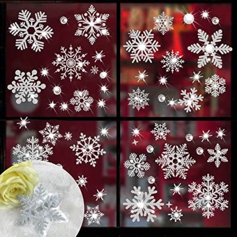 

136-piece Glitter Snowflake Window Clings Set – Sparkling No-glue Static Decals For Winter Wonderland Decorations - Versatile Christmas & Thanksgiving Holiday Display For Home, Office, And Party Decor