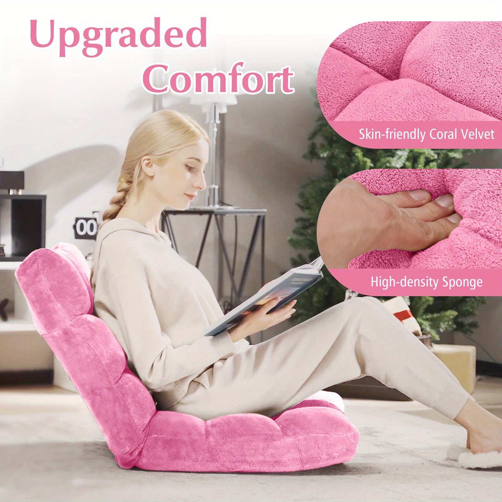 Velvet Pink Floor Chair Floor Chair With Back Support, 14-Position