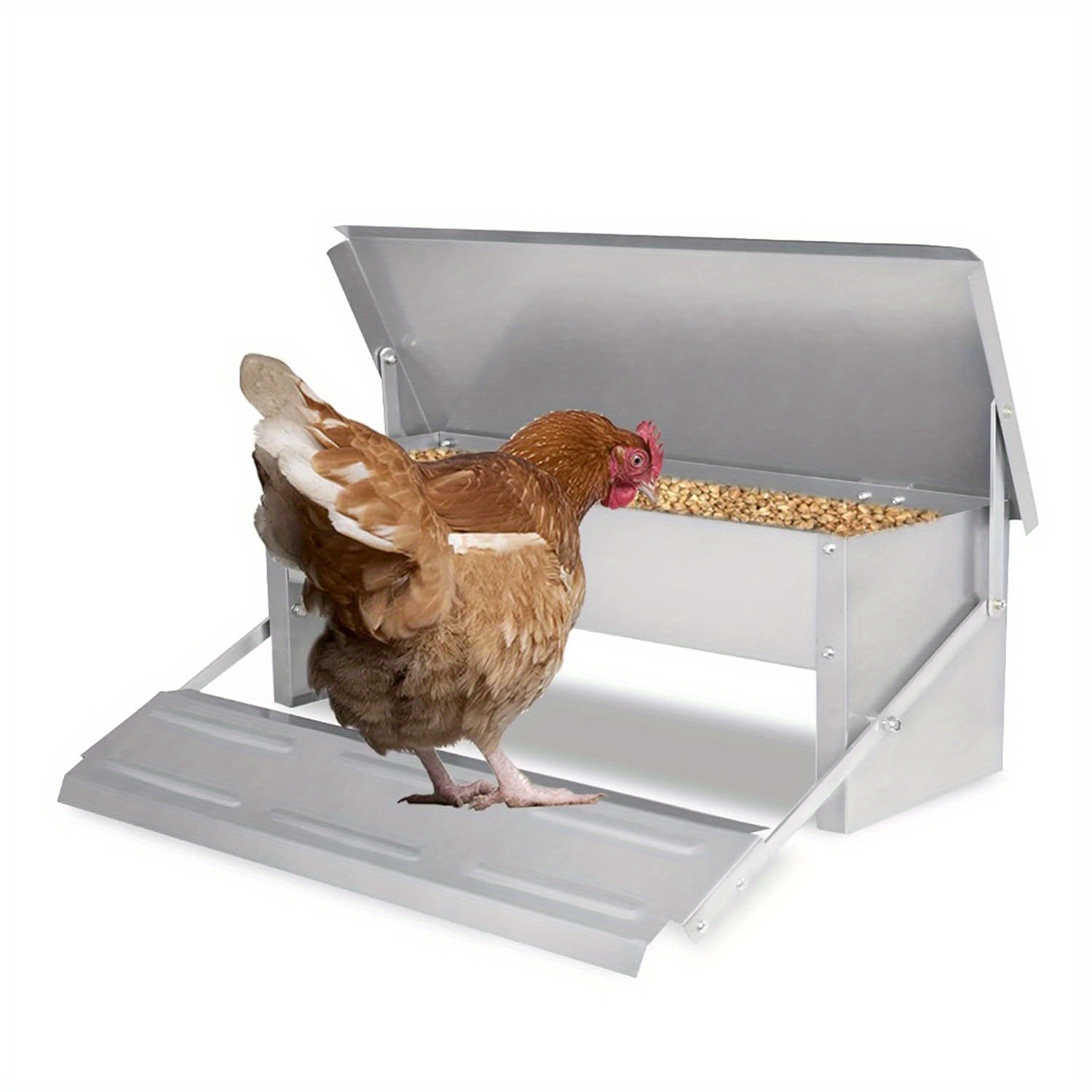 

5 Kg Automatic Chicken Feeder With Rat-proof Feet And Waterproof Lid, Automatic Feeder With Self-opening Pedal, Metal Feeder Trough For Poultry, Ducks