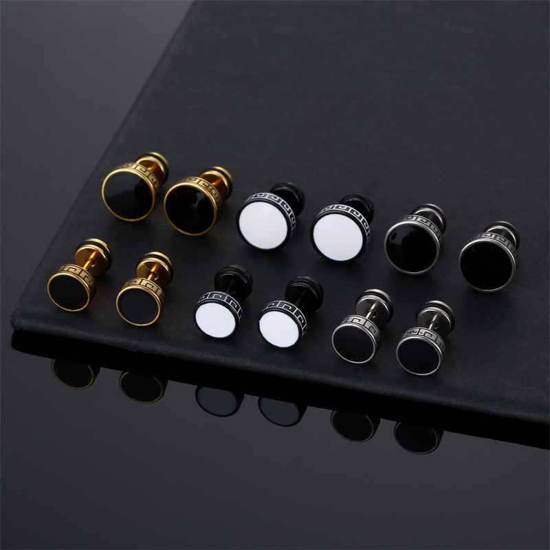 

6pcs Titanium Steel Dumbbell Stud Earrings - 18k Gold Plated, Sleek Black & White Designs, Nickel-free Copper Posts - Ideal For Or Parties, Earrings