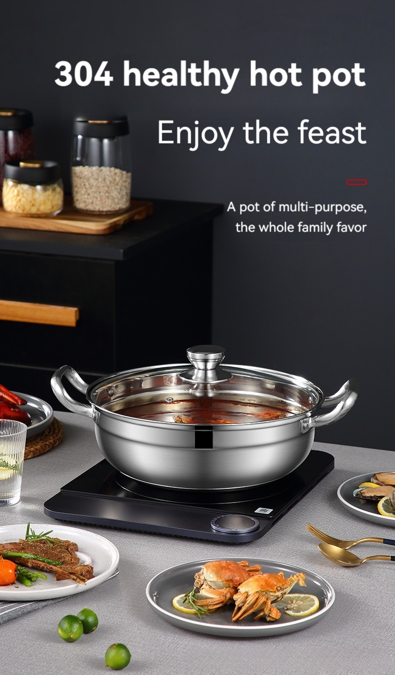 stainless steel 304   cookware multi purpose dual handle family size pot with lid double bottom design for quick heating induction compatible details 0