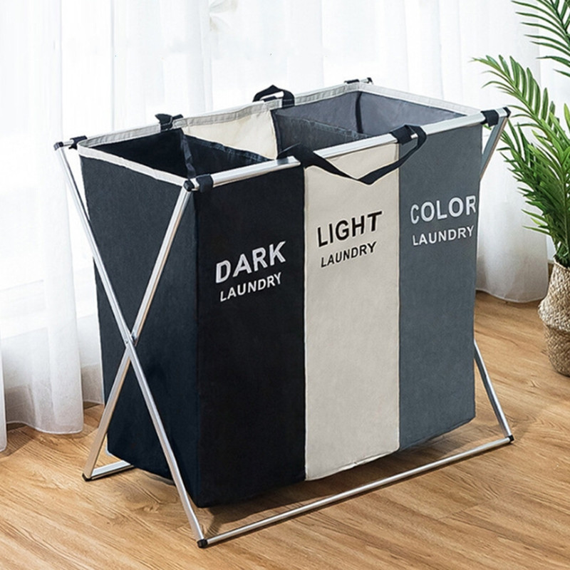 

1pc Large Clothes Hamper, 3 Section Basket, Foldable Clothes Storage Bag, Clothes Sorter With Handles, Waterproof, Portable, Freestanding Hamper For Bedroom, Closet, Bathroom, College Dorm