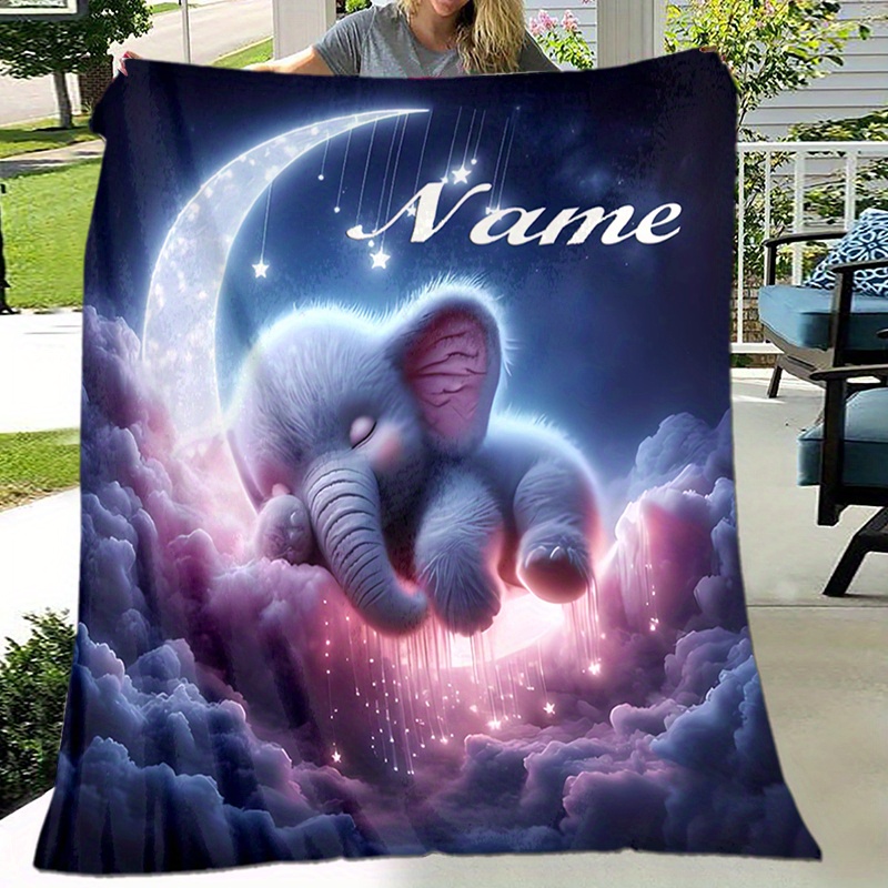 

Custom Name Personalized Elephant Flannel Throw Blanket - Soft, Warm, All-season Digital Print For Naps, Camping, Travel - Polyester, Animal Theme, Glam Style, Knitted Fabric