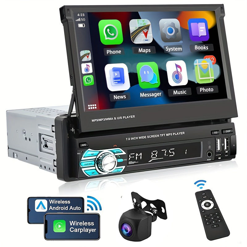 TEMU Podofo Wireless Carplayer Single Din Car Stereo 7 Inch Hd Flip Out Touchscreen Car Radio With Wireless Car Player Auto, Wireless, Type-c/ Usb/ Tf/ Aux, Swc, Fm, Voice Control, Backup Camera