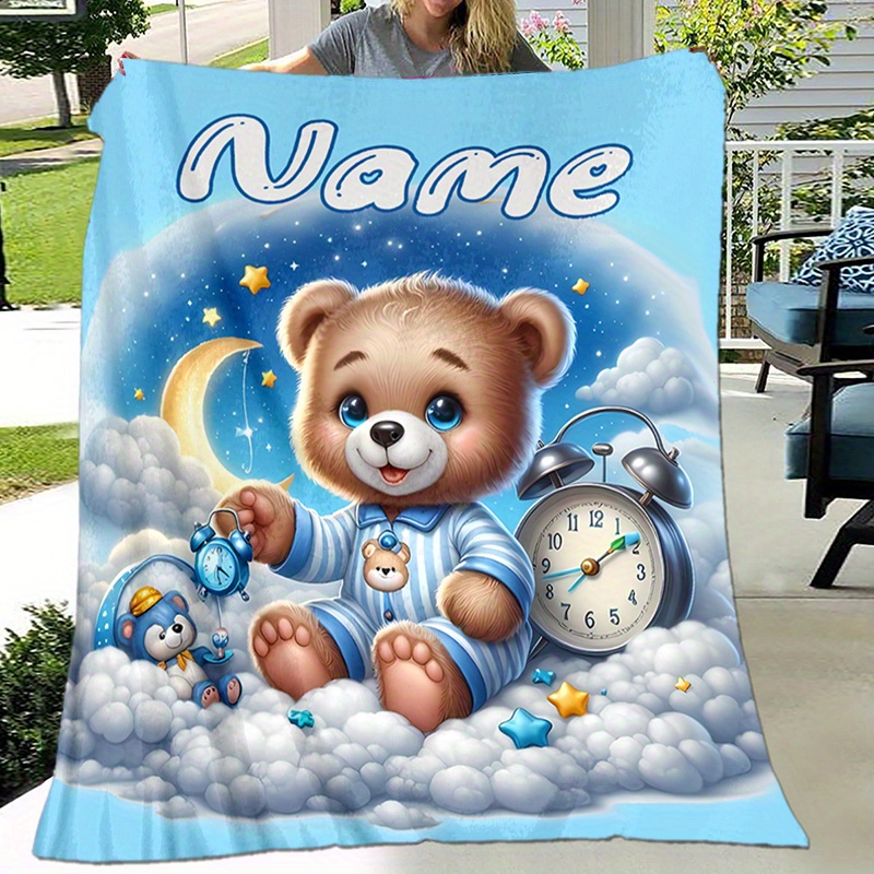 

Personalized Bear Alarm Clock Custom Name Blanket - Soft, Flannel Throw For , Camping & Travel - Perfect Gift For Family &