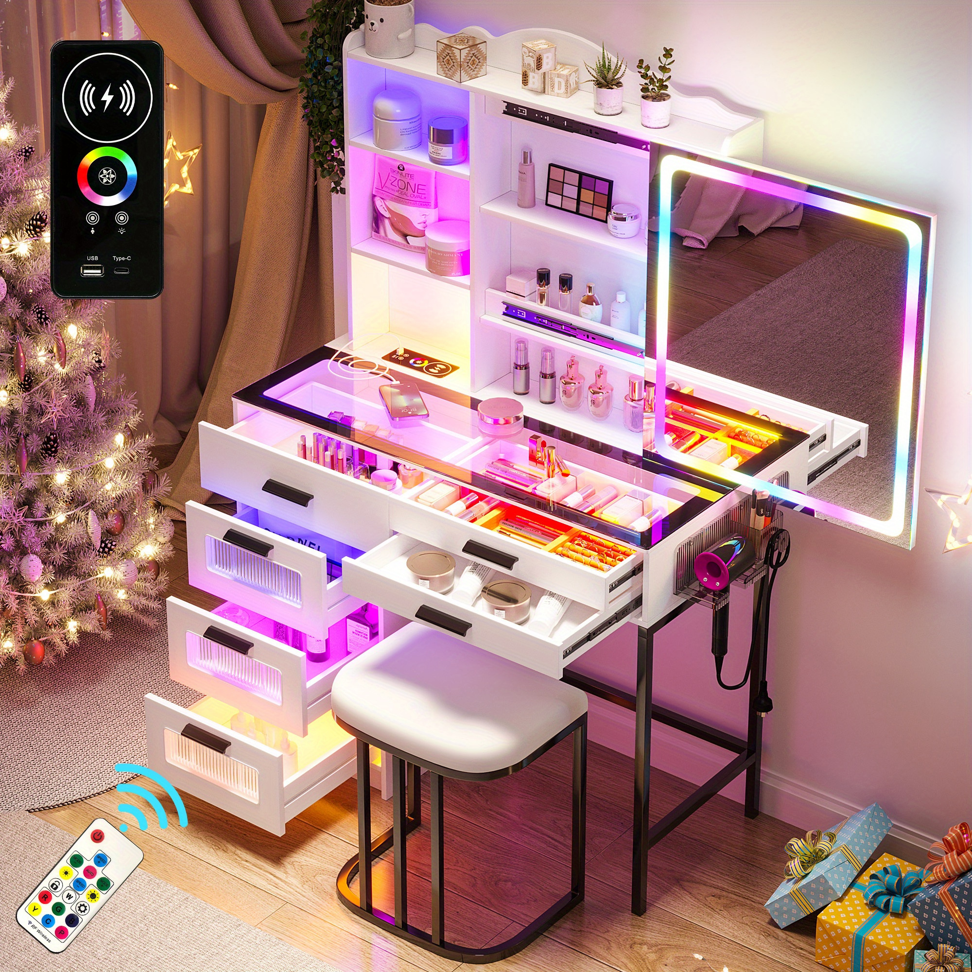 Rgb Vanity Desk with Sliding , Led Makeup Vanity with Charging Station/ Motion Sensor Light, Glass Top Vanities Dressing Table Set with Jewelry Box, 6 Drawers, Stool | Shop On