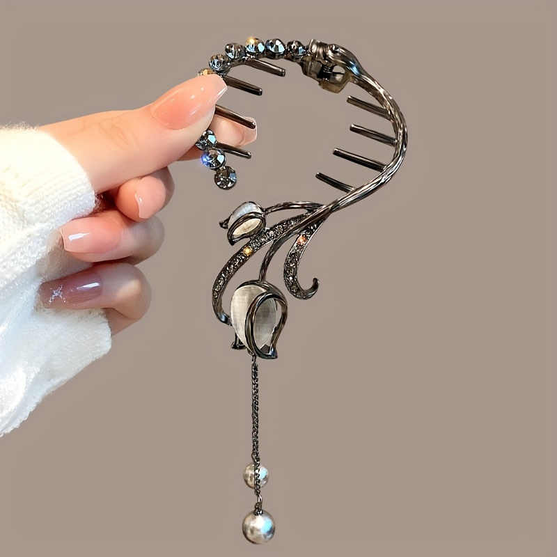 TEMU Vintage Ponytail Holder - Encrusted Metal Hair Clip With Pearl Accents, Luxurious Tassel Detail, Hair Accessories For Women, Stylish Hairpin For Updo's And Wear
