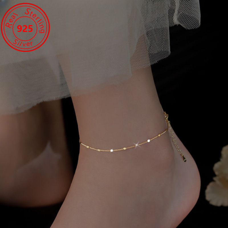 

S925 Sterling Silver Glitter Small Square Anklet - Design Fashion Simple Chain - Perfect Feminine Charm - Gift