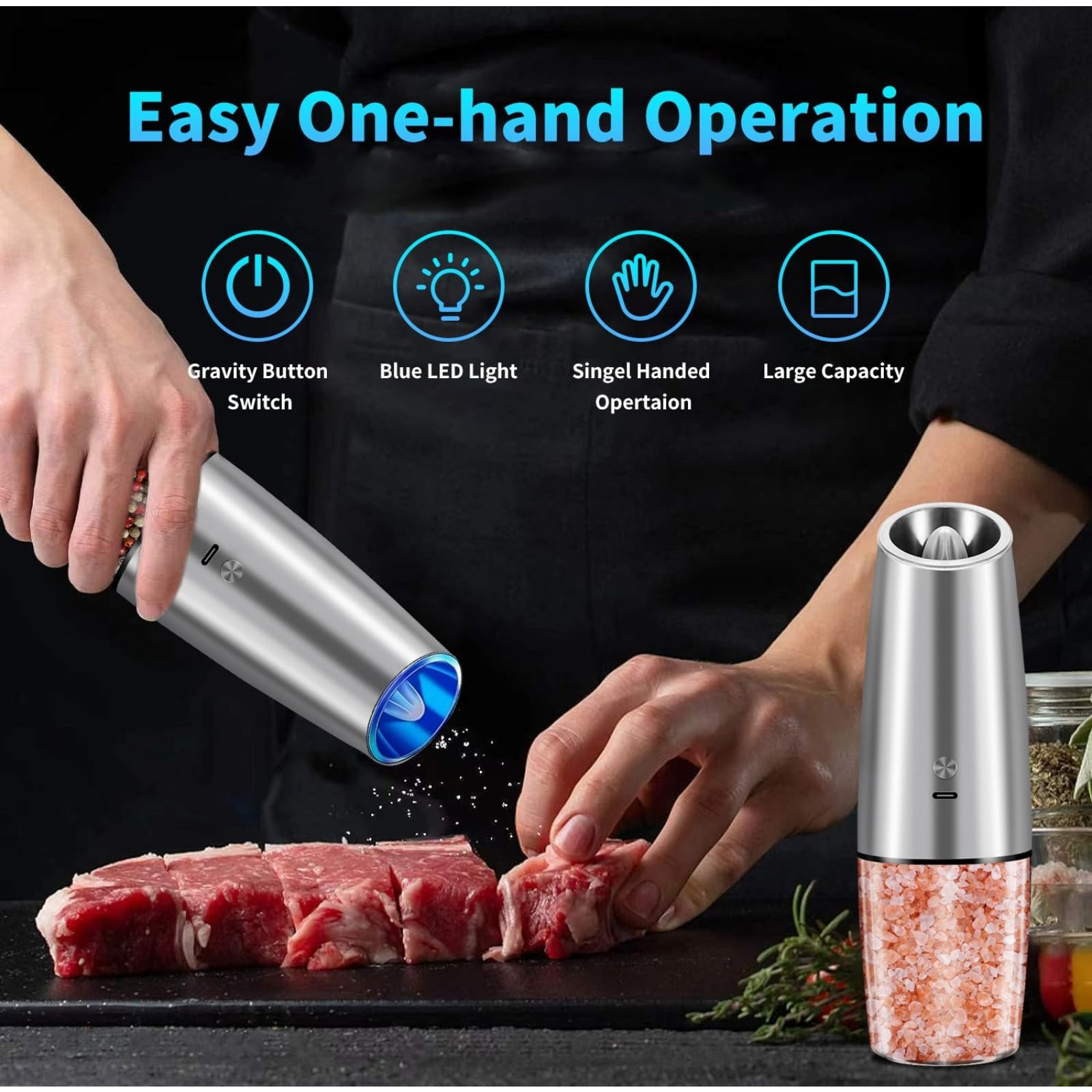 

Electric Salt And Pepper Grinder Set, Usb Rechargeable Salt And Pepper Mill & Adjustable Coarseness, Automatic Salt Grinders Spice Shakers With Led Light, 1 Hand Operation, Stainless Steel