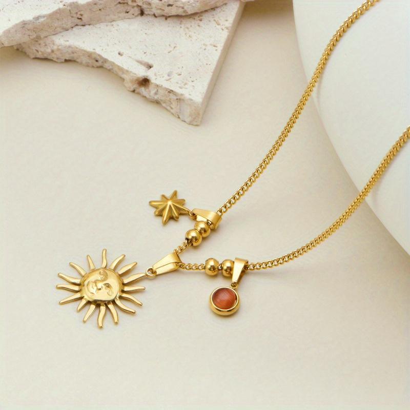 

1 Fashionable Girl Necklace, Stainless Steel, With Sun, Stars And Round Pendant, Gold, Ideal For Gifts And Daily Wear