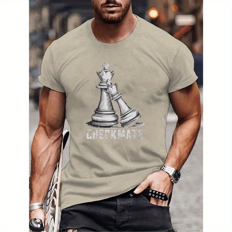 

Men's Chess Pieces Tee, Casual Short Sleeve T-shirt, Polyester, Round Neck, Stretch Fabric, Geometric Print, Summer Fashion, Regular Fit, Adult Unisex Top