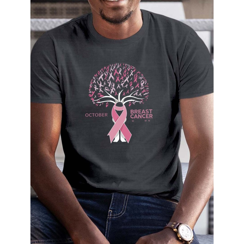 

Plus Size Men's Breast Cancer Awareness T-shirt - Geometric Ribbon Tree Graphic Print Crew Neck Casual Tee, 100% Polyester Knit Fabric, Slight Stretch Short Sleeve Tops For Summer