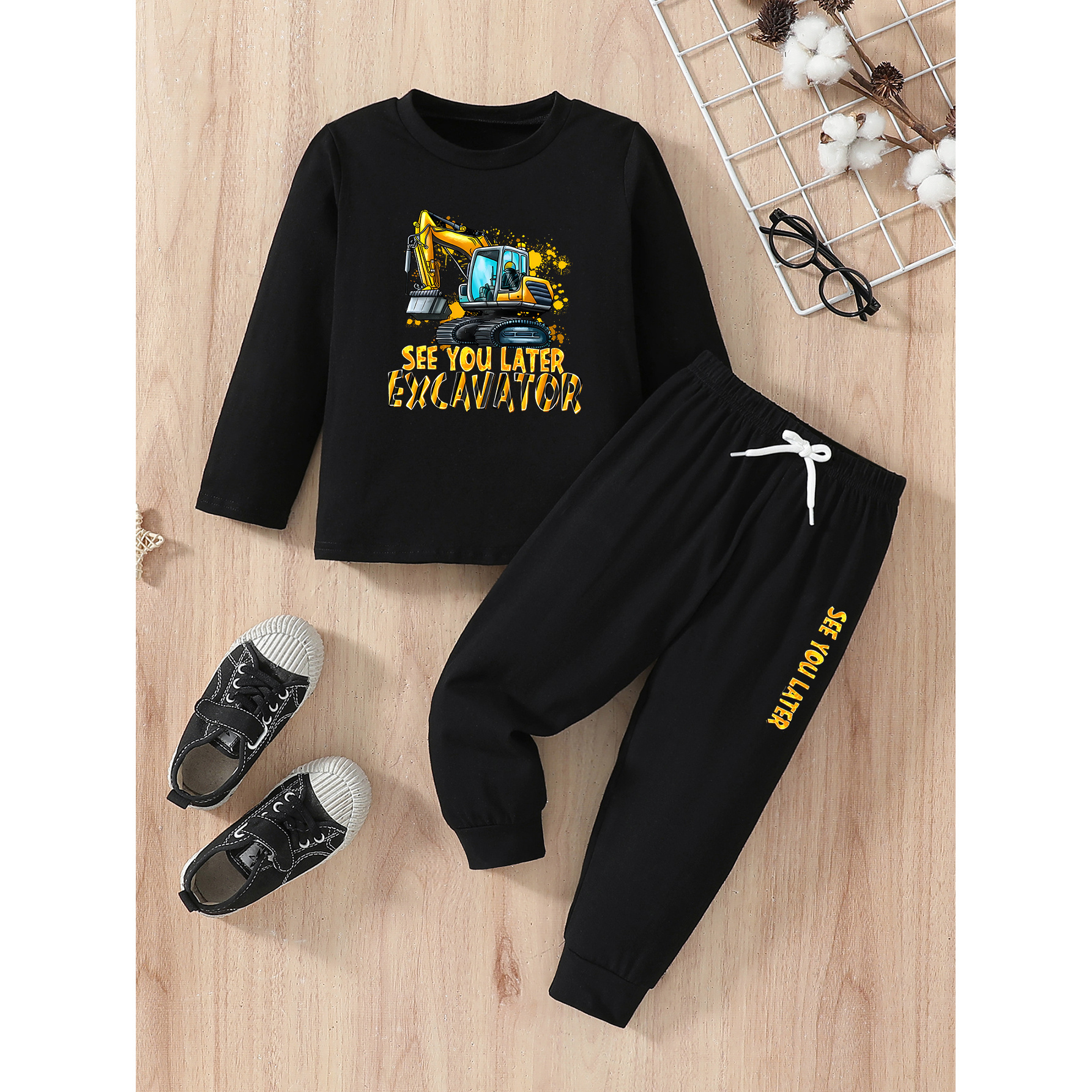 

Boys' Excavator Sweatshirt & Set - Long Top Drawstring Pants, Fall/ Outfit For Kids, For