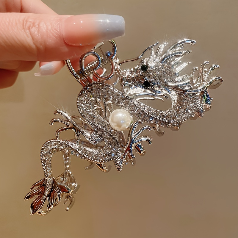 TEMU Luxurious Metal Dragon Hair Clips - , Rhinestones, Pearls Decor, , Ponytail Holder, , Festival Accessories For Chinese New Year Celebration